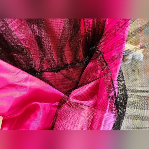 BETSEY JOHNSON Y2k Strapless Black Lace Hot Pink Satin Slip Zip Mini Dress - Picture 12 of 16